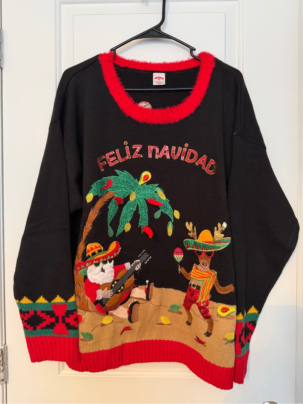 Holiday Time Black Crewneck Sweater with Red Trim and Festive Embroidery